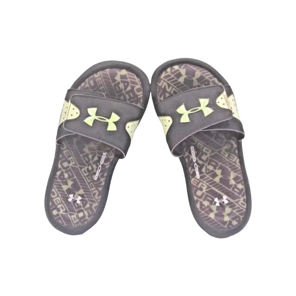 Under Armour Kids Ignite 4D Foam Adjustable Slides Black Lime Green‎ Sandals
